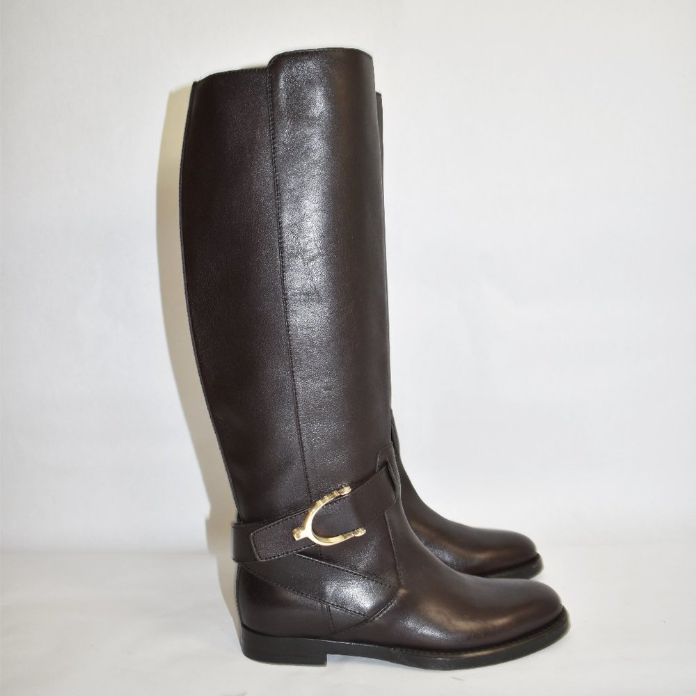 $1500 Gucci Riding Boots LEATHER brown gold Harness36.5 (JB21)